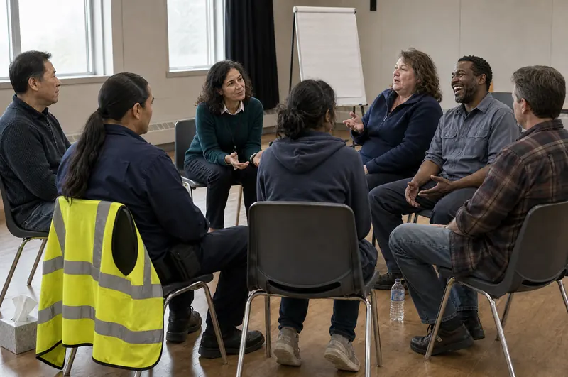 A group of workers sit in a circle of chairs for a debrief, a hi-vis vest draped over one chair.