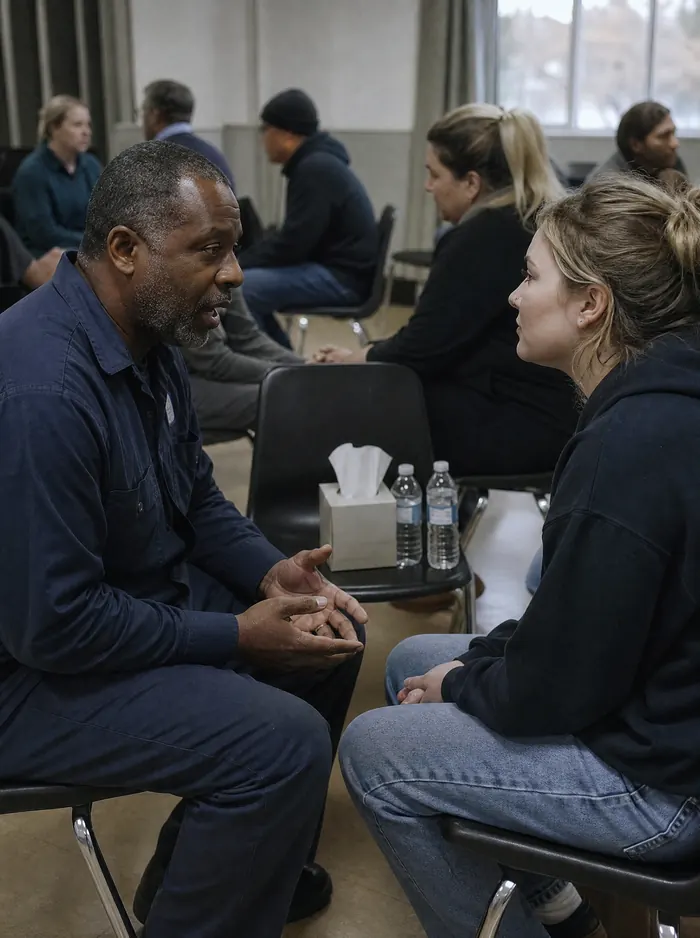 A participant leans in to listen to a co-worker during a paired skills drill, other pairs practising behind them.