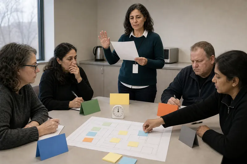 A facilitator leads a tabletop exercise while participants map a plan with coloured cards on a table.