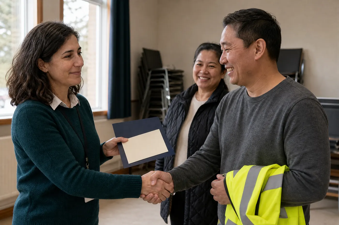 A facilitator shakes hands with a smiling participant and hands over a certificate, another participant smiling behind them.