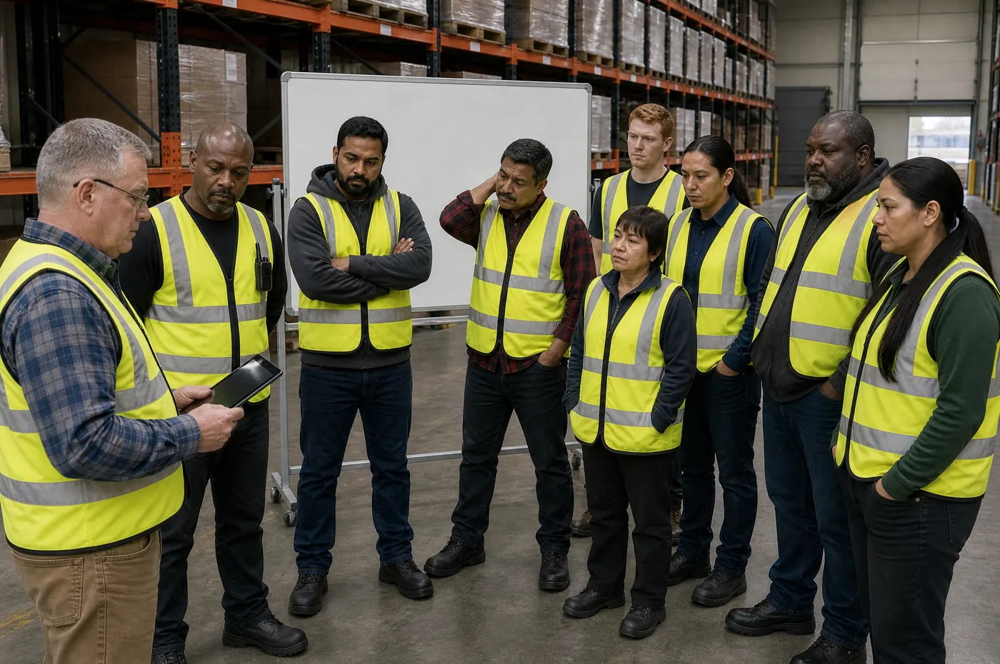 A supervisor holding a tablet briefs a crew in hi-vis vests on a warehouse floor, a whiteboard behind them.