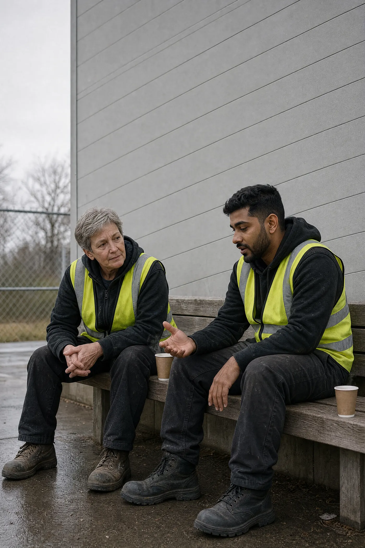 Two warehouse workers in hi-vis vests talk quietly on a bench outside the building, coffee cups beside them.