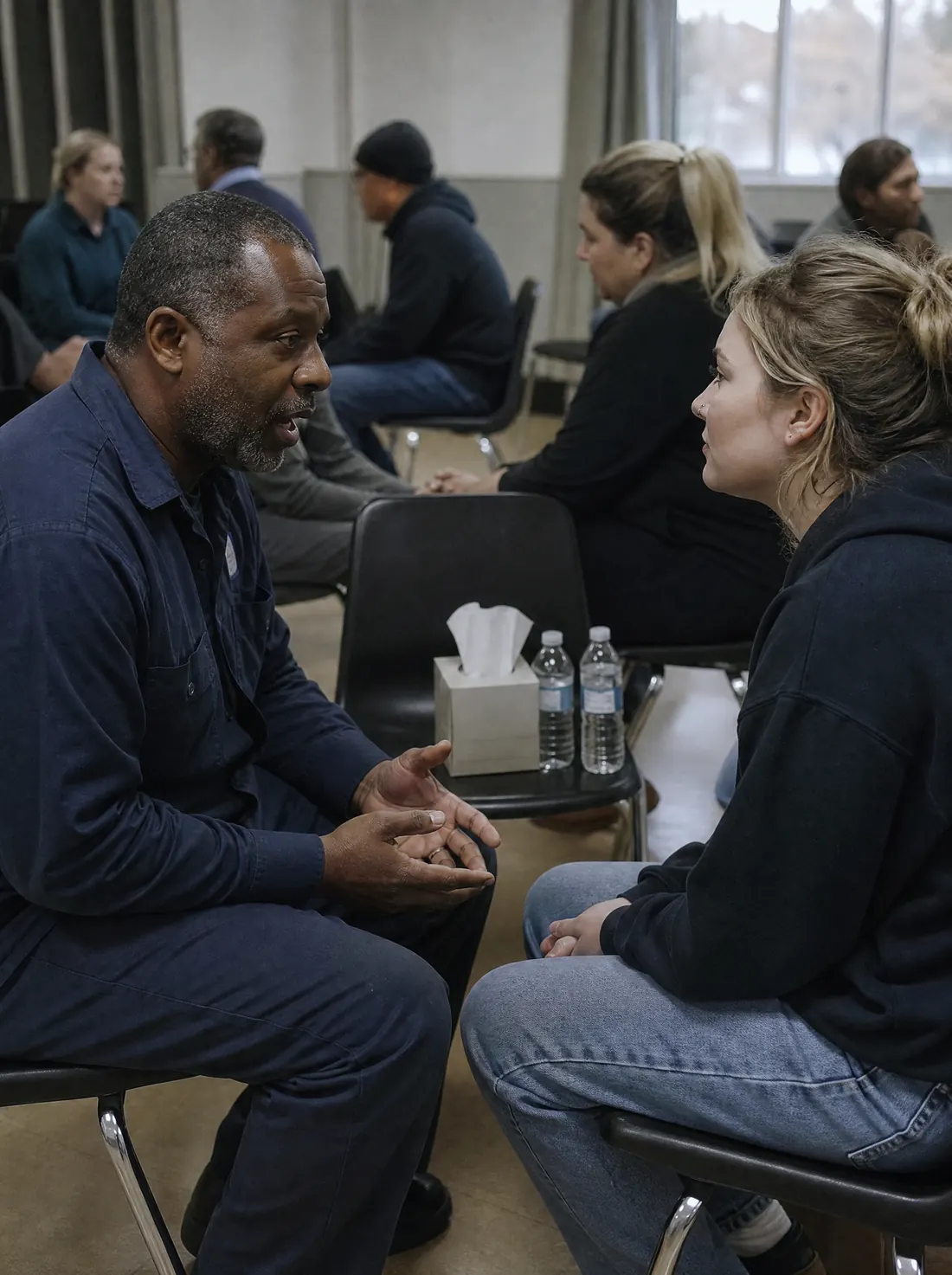 A participant leans in to listen to a co-worker during a paired skills drill, other pairs practising behind them.