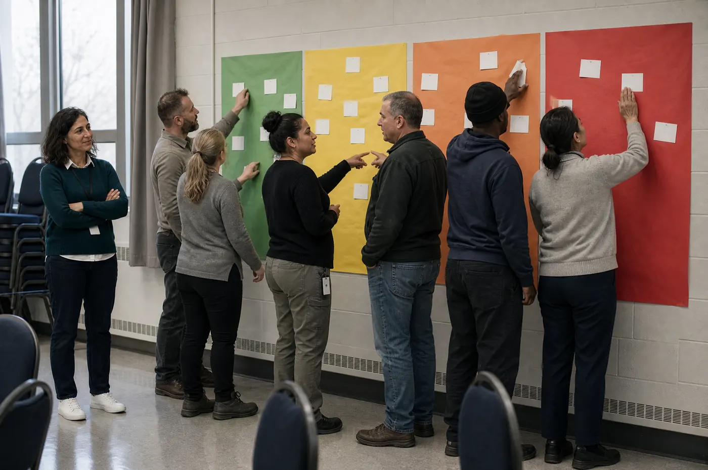 Course participants place sticky notes on a wall chart divided into green, yellow, orange and red zones.